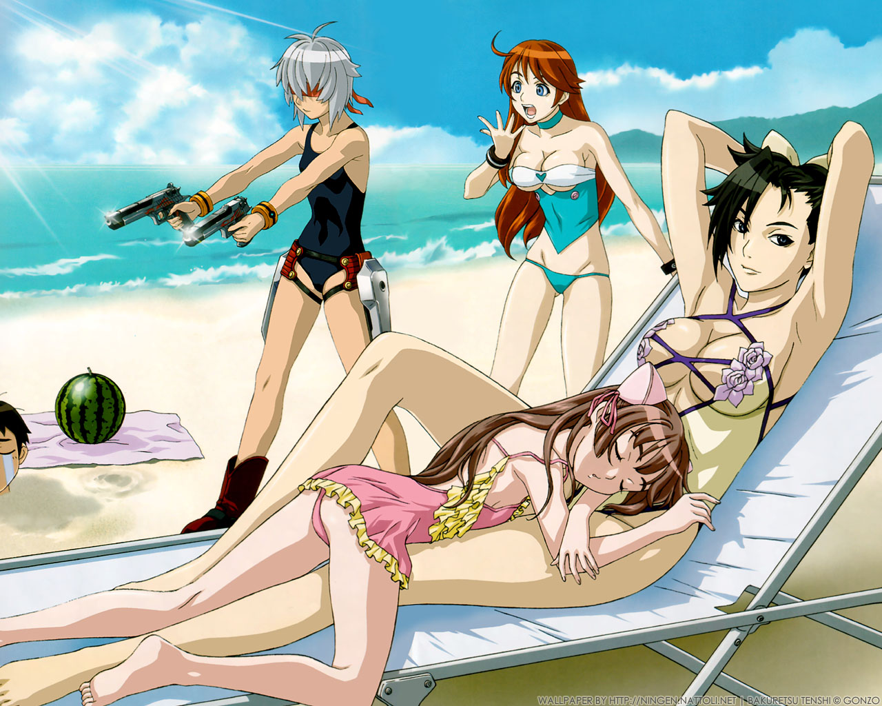 amy, bakuretsu_tenshi, gun, jo, meg, sei, swimsuit, weapon