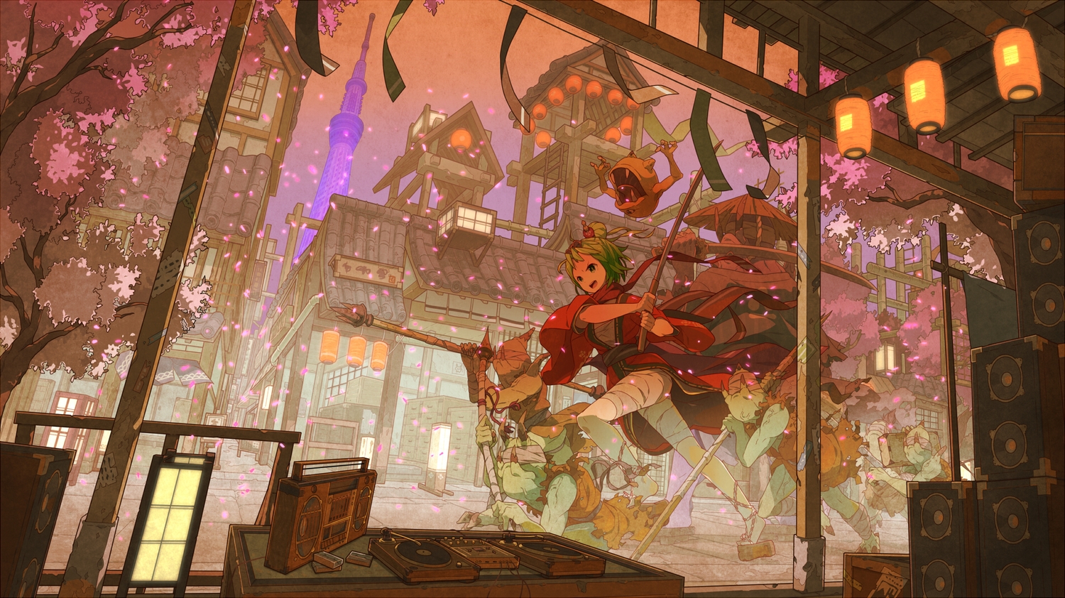 bandage, black_eyes, building, cherry_blossoms, city, flowers, green_hair, group, gumi, japanese_clothes, petals, short_hair, sword, tokio_funka_(vocaloid), tomioka_jirou, tree, vocaloid, weapon