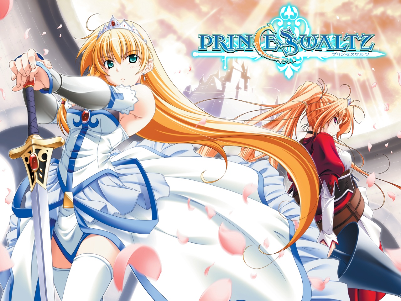 angela_victoire_blendin, blonde_hair, iris_(princess_waltz), princess_waltz, red_hair, sword, takeya_masami, weapon