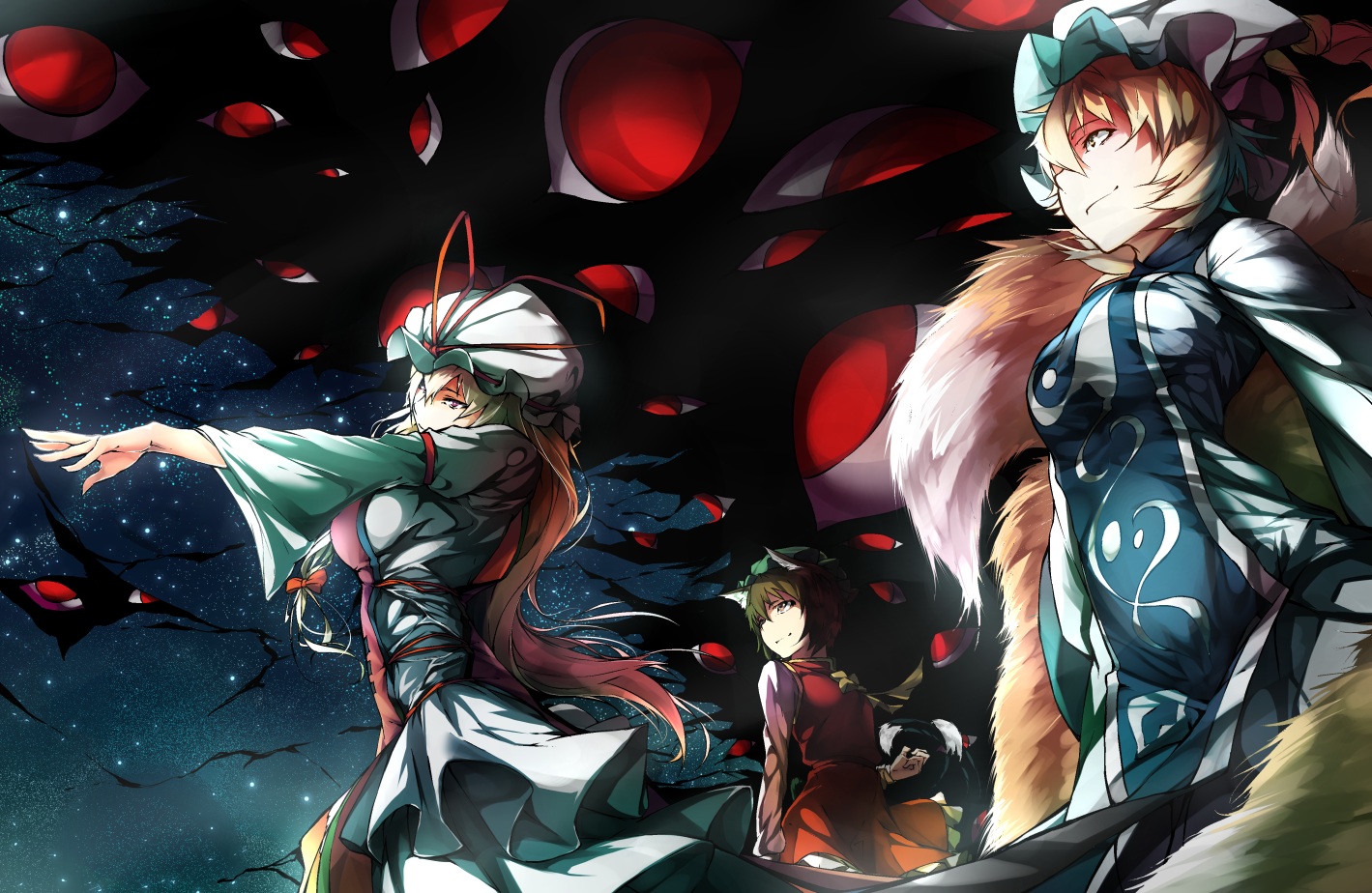 aliasing, animal_ears, blonde_hair, bow, brown_hair, catgirl, chen, dress, foxgirl, hat, japanese_clothes, long_hair, milaria, multiple_tails, ribbons, short_hair, tail, touhou, yakumo_ran, yakumo_yukari