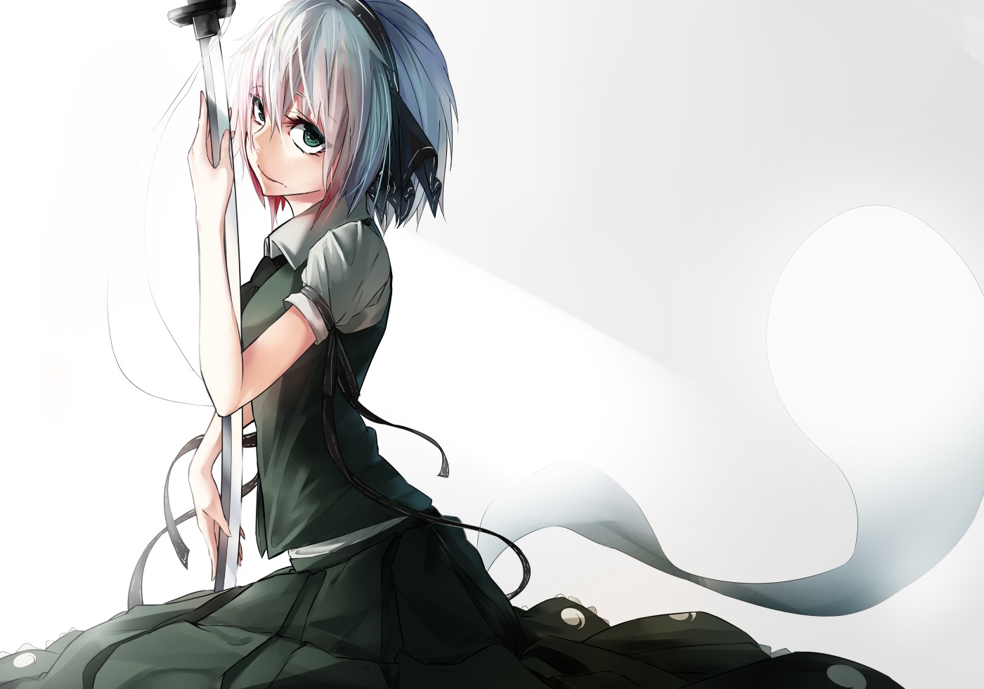 aliasing, bow, green_eyes, headband, katana, konpaku_youmu, milaria, myon