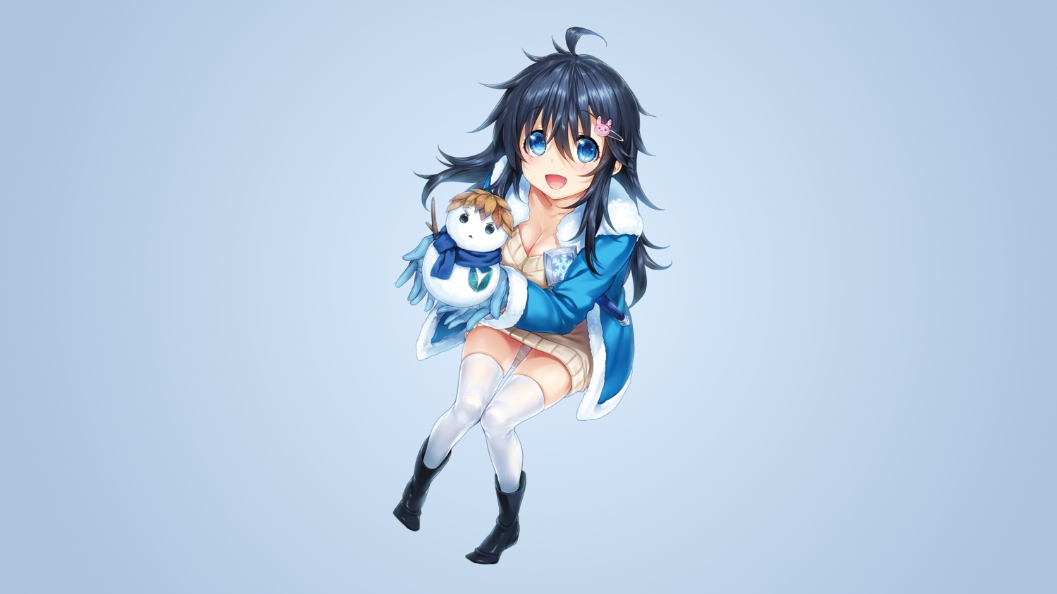 black_hair, blue_eyes, breasts, cleavage, gradient, hisashi_(nekoman), long_hair, netoge_no_yome_wa_onna_no_ko_janai_to_omotta?, snow, snowman, tamaki_ako, thighhighs, third-party_edit, zettai_ryouiki