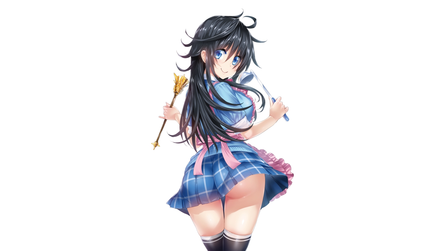 apron, black_hair, blue_eyes, hisashi_(nekoman), long_hair, netoge_no_yome_wa_onna_no_ko_janai_to_omotta?, skirt, staff, tamaki_ako, thighhighs, zettai_ryouiki