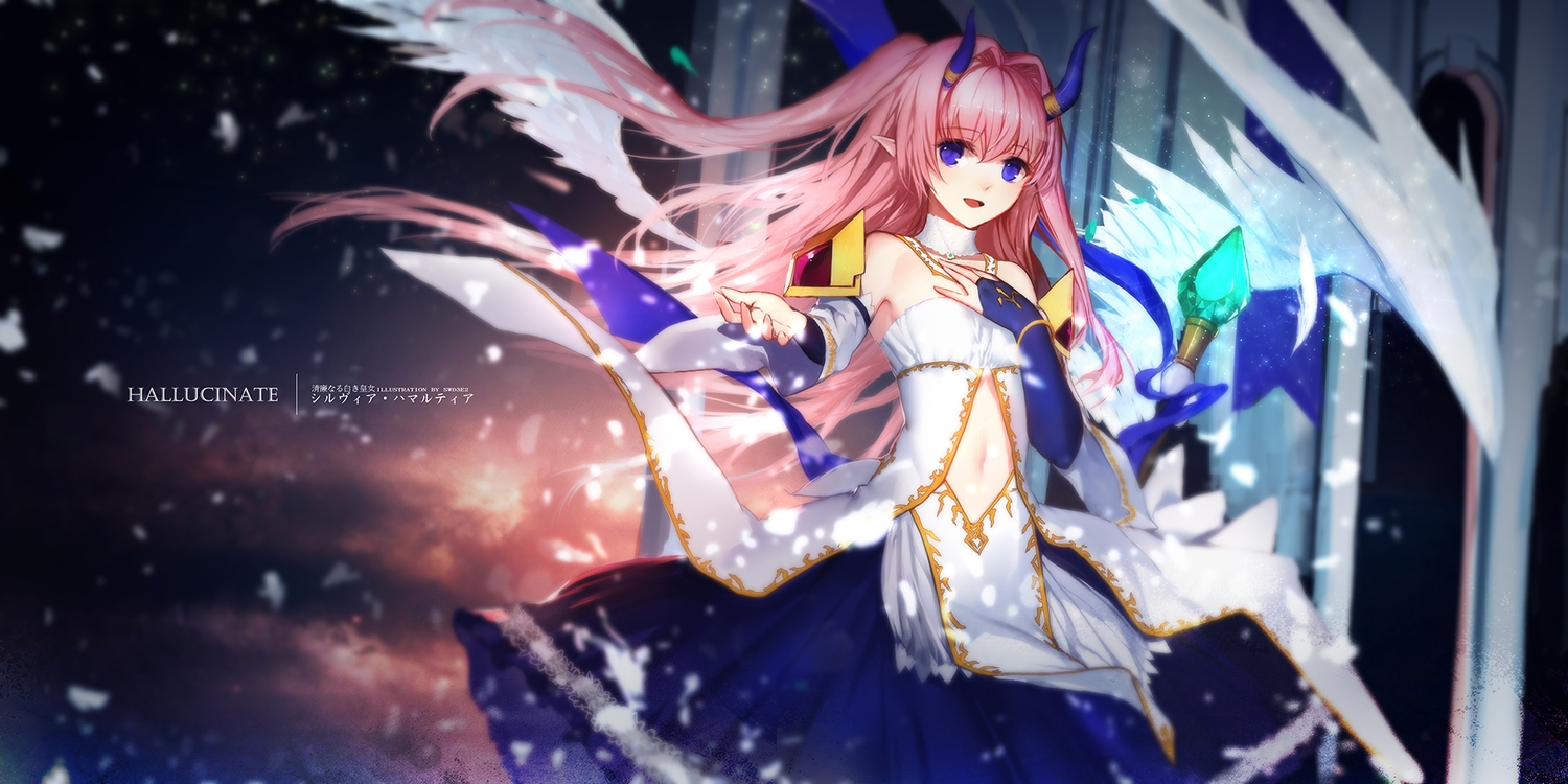 blue_eyes, collar, elbow_gloves, gloves, horns, long_hair, navel, pink_hair