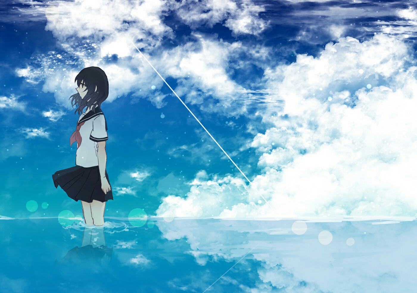 black_eyes, black_hair, clouds, danjou_sora, original, reflection, school_uniform, sky