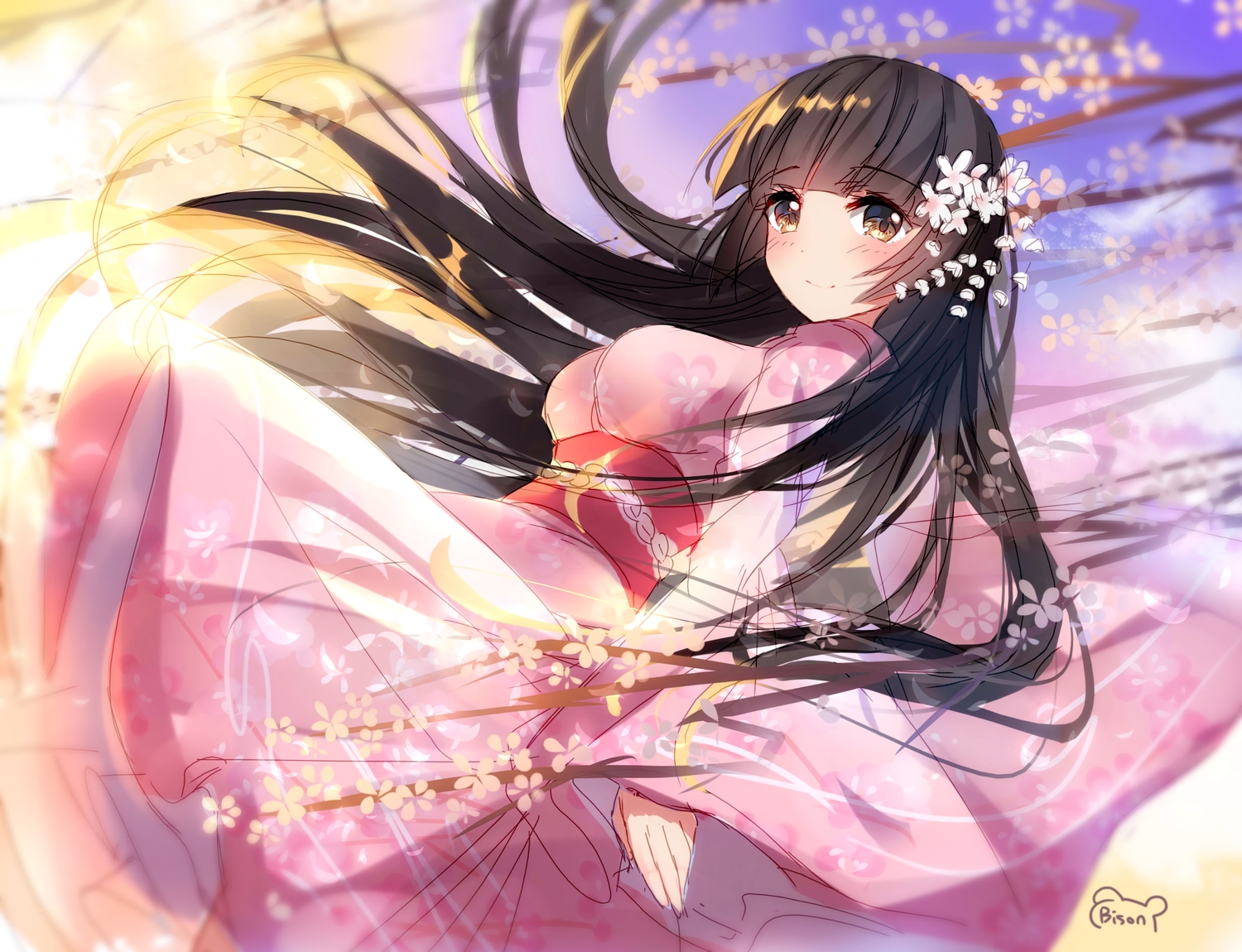 bison_cangshu, black_hair, brown_eyes, crusaders_quest, japanese_clothes, kimono, long_hair