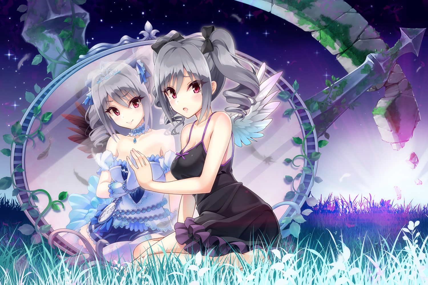 breasts, choker, cleavage, dress, gloves, grass, gray_hair, idolmaster