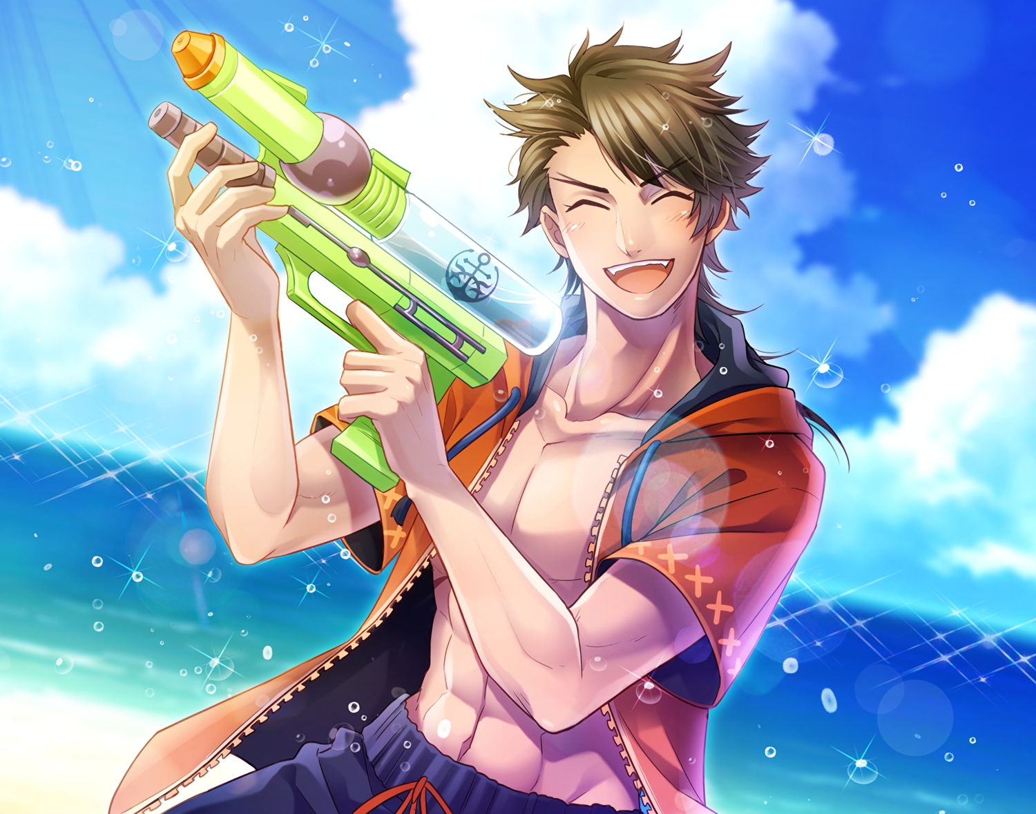 all_male, anthropomorphism, beach, brown_hair, clouds, fang, holiday-jin, male, mutsu-no-kami_yoshiyuki, navel, open_shirt, sky, summer, swimsuit, touken_ranbu, waifu2x, water