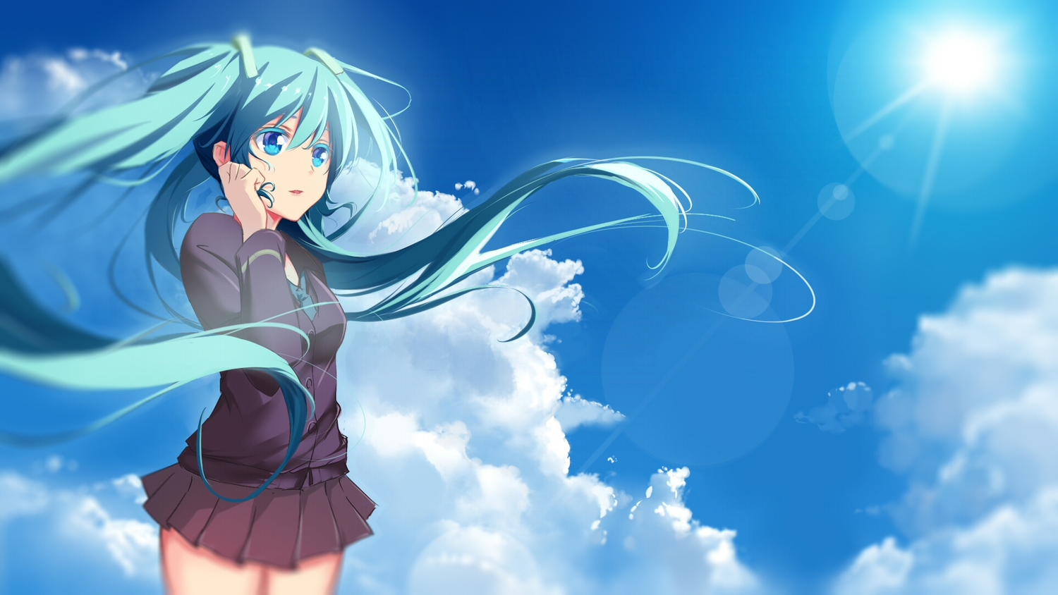 aqua_eyes, aqua_hair, clouds, hatsune_miku, long_hair, qingchen_(694757286), skirt, sky, tie, twintails, vocaloid
