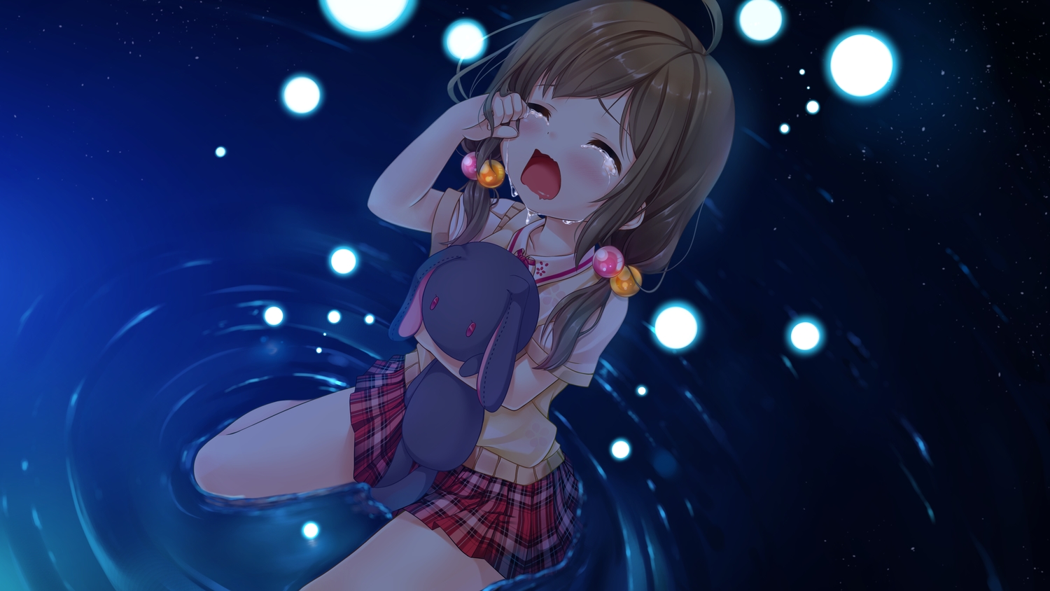 blush, brown_hair, bunny, crying, ifnil, loli, original, school_uniform, tears, twintails, water