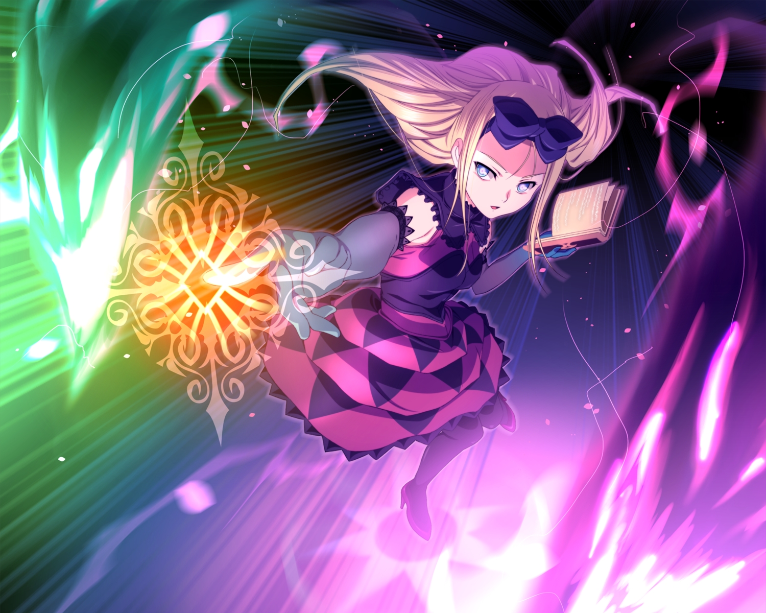 blonde_hair, blue_eyes, book, bow, cropped, dora_bellmel, dress, dungeon_of_regalias_~haitoku_no_miyako_ishgalia~, elbow_gloves, game_cg, gloves, headband, long_hair, mage, magic, m&m
