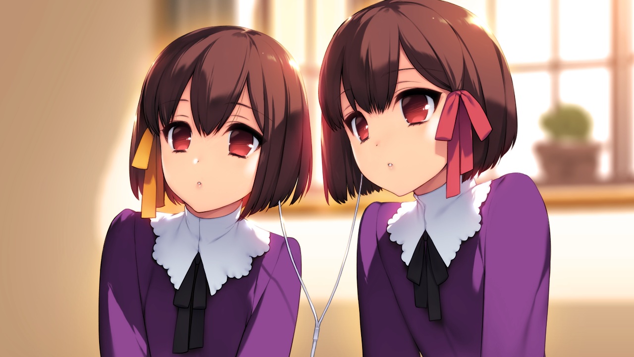 2girls, akeiro_kaikitan, brown_hair, game_cg, headphones, loli, red_eyes, ribbons, ruka_(akeiro_kaikitan), ruri_(akeiro_kaikitan), short_hair, silkys_plus, sumeragi_kohaku, twins