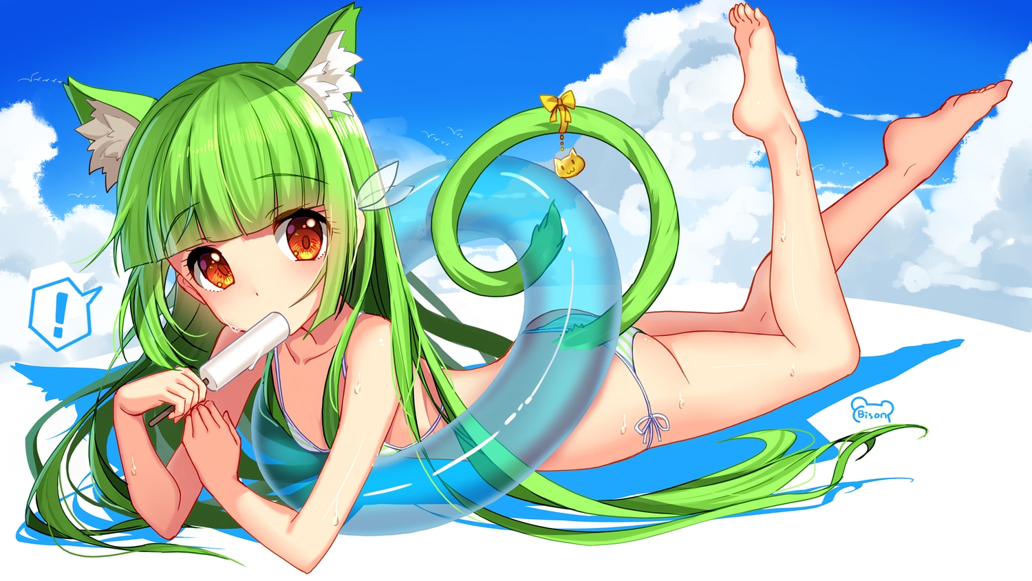animal_ears, bikini, bison_cangshu, catgirl, clouds, food, green_hair, ice_cream