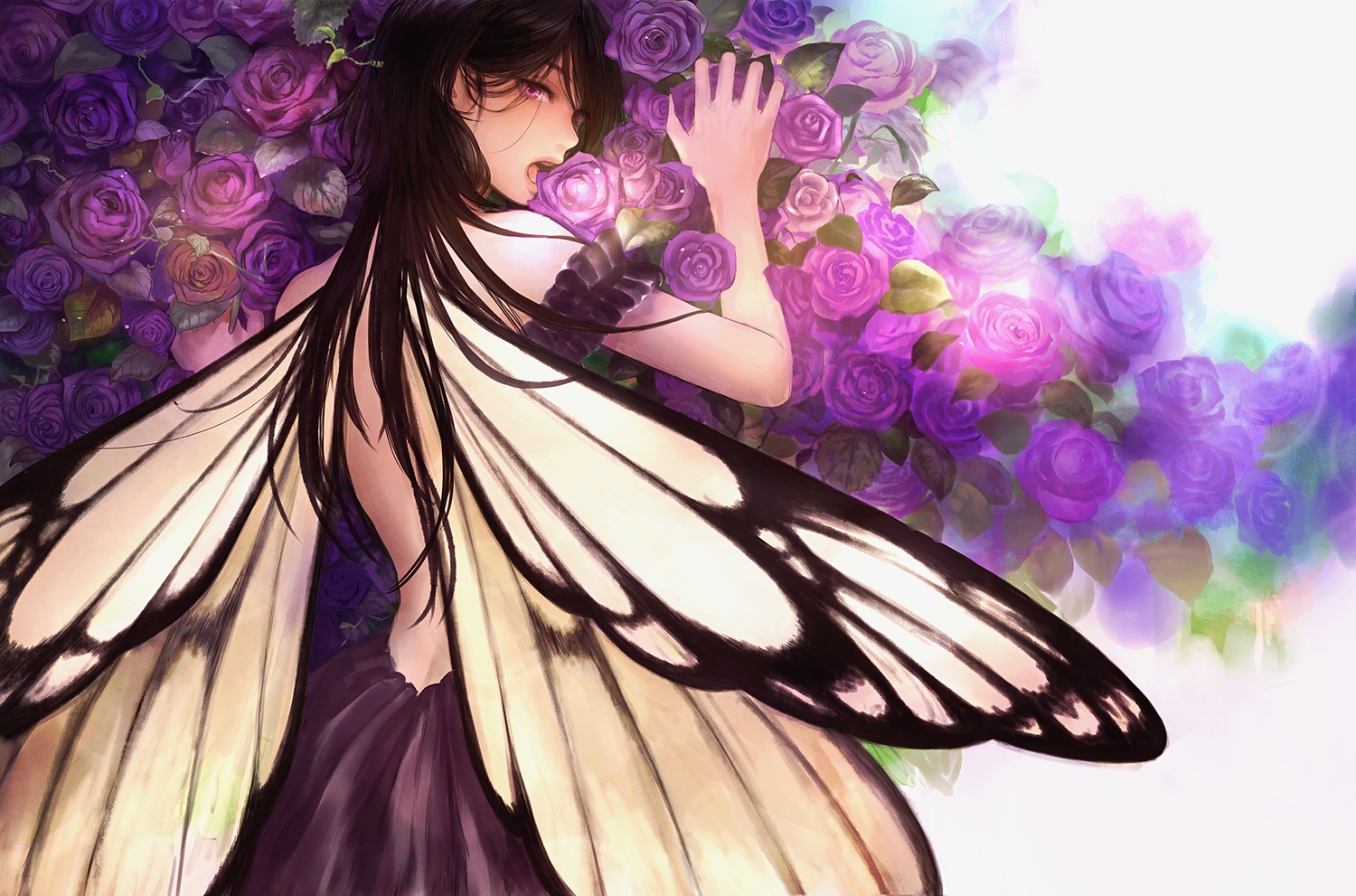 black_hair, flowers, long_hair, original, purple_eyes, romiy, rose, wings