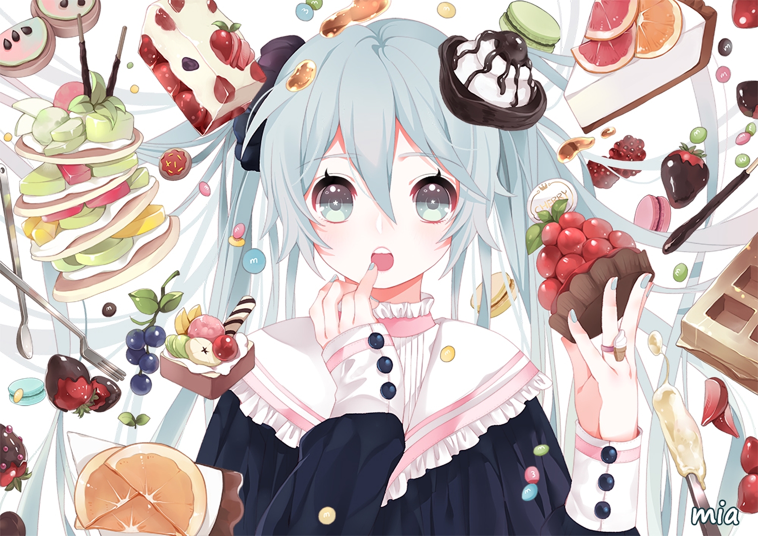 blue_eyes, blue_hair, cake, candy, chocolate, food, fruit, hatsune_miku, long_hair, mia0309, orange_(fruit), pocky, strawberry, twintails, vocaloid, waifu2x