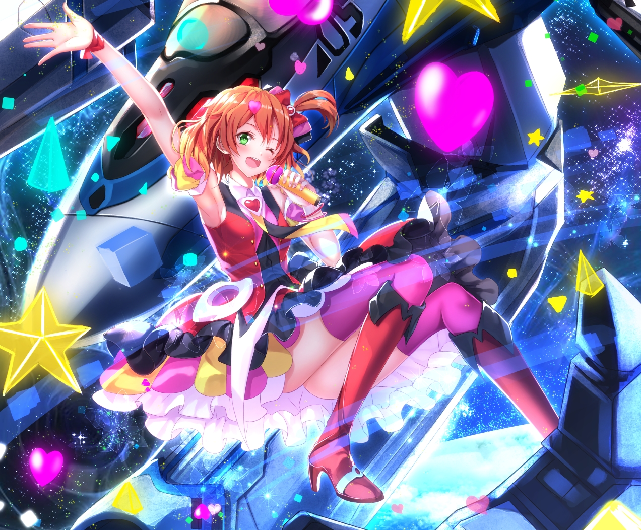 aircraft, boots, cropped, dress, freyja_wion, green_eyes, heart, macross, macross_delta, microphone, orange_hair, ponytail, short_hair, space, stars, swordsouls, thighhighs, tie, wink, wristwear