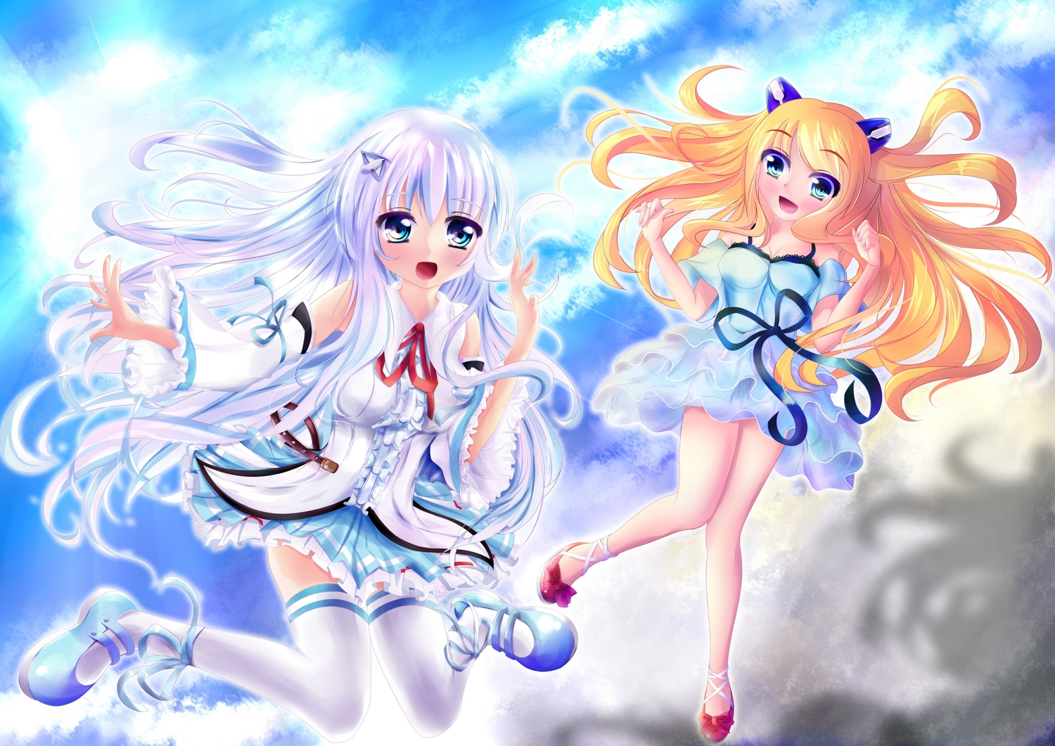 2girls, aizawa_hikaru, aizawa_lei, aqua_eyes, clouds, dress, long_hair, microsoft