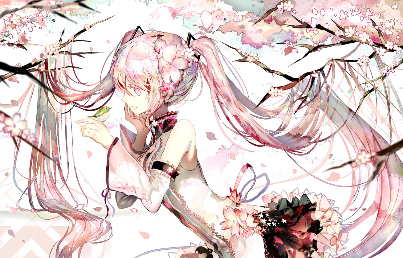 animal, bird, cherry_blossoms, flowers, hatsune_miku, long_hair, pink_eyes, pink_hair