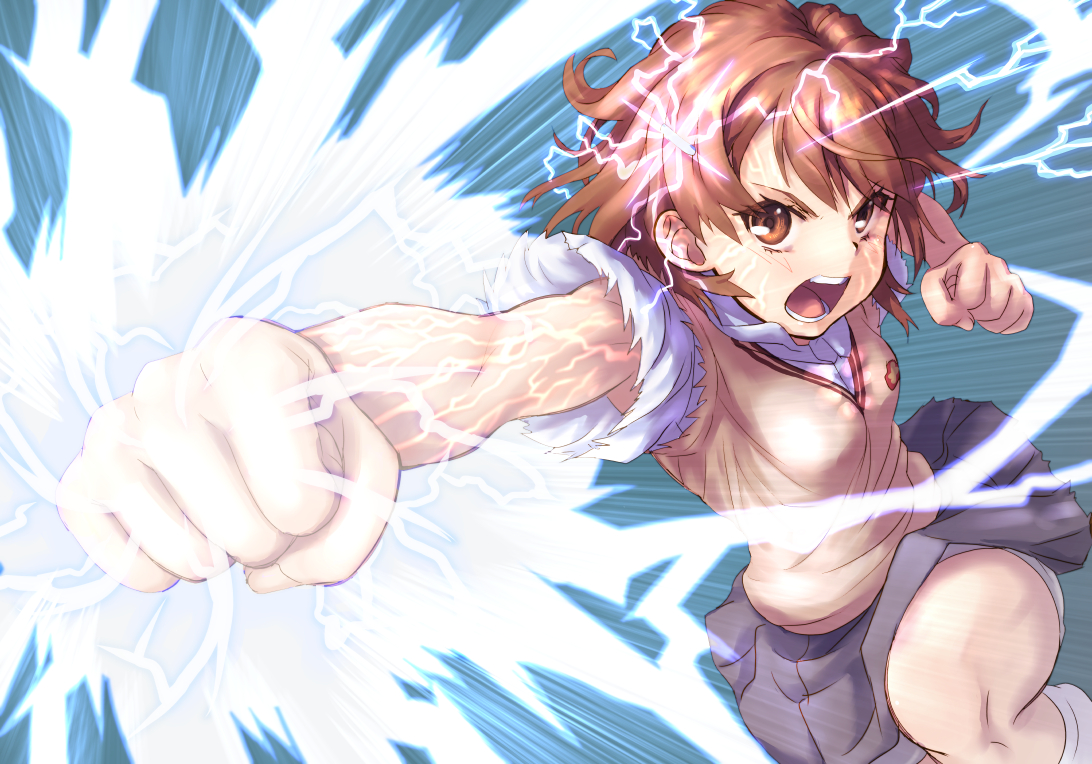 aliasing, blonde_hair, brown_eyes, close, kneehighs, misaka_mikoto, punch, raika9
