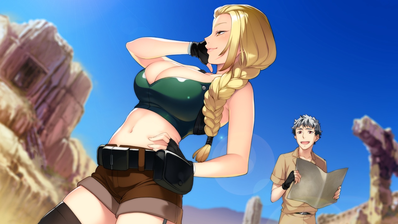 akeiro_kaikitan, blonde_hair, braids, breasts, cleavage, game_cg, gloves, gray_hair