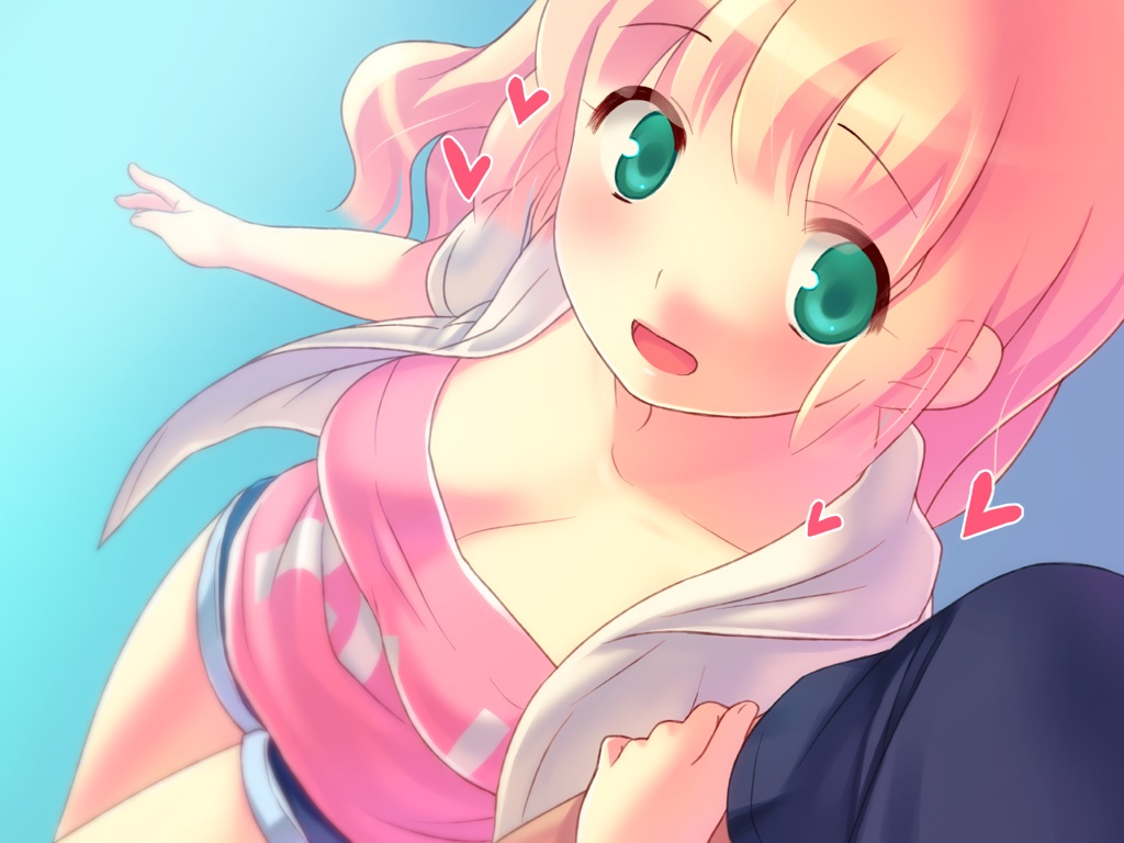 aqua_eyes, blonde_hair, breasts, cleavage, game_cg, heart, shinyuu_ga_bishoujo_ni_natte_kaettekita, shorts