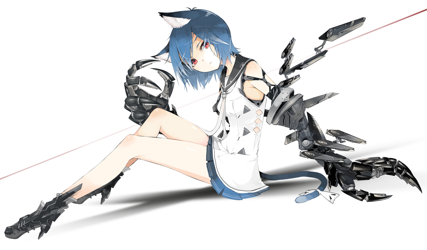 animal_ears, blue_hair, catgirl, date_a_live, original, red_eyes, short_hair, tail