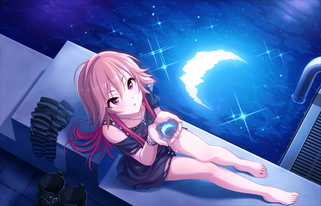 annin_doufu, barefoot, blonde_hair, blush, boots, idolmaster, idolmaster_cinderella_girls, idolmaster_cinderella_girls_starlight_stage, moon, necklace, night, ninomiya_asuka, pink_eyes, reflection, socks, stars, torn_clothes, water