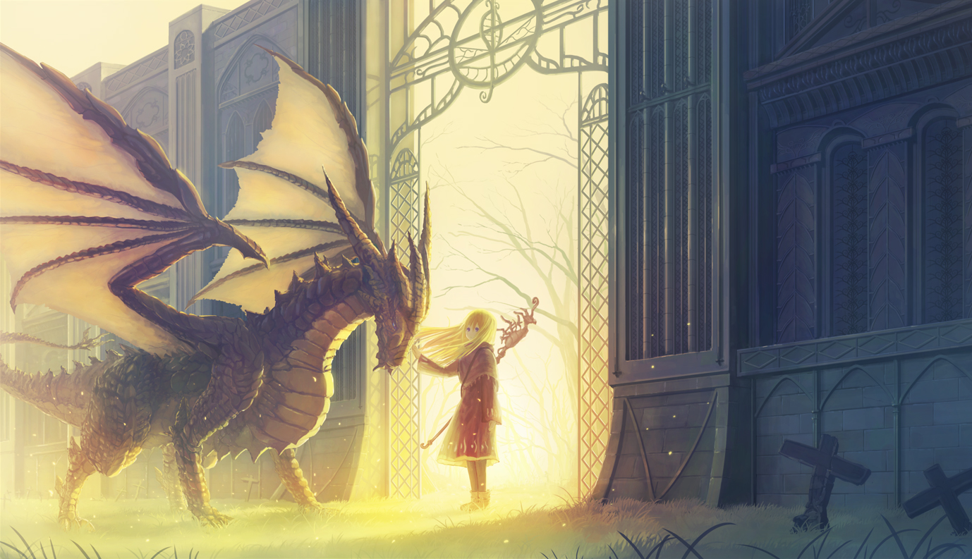 blonde_hair, blue_eyes, dragon, feel_(nasitaki), grass, long_hair, original, scenic, staff, yellow