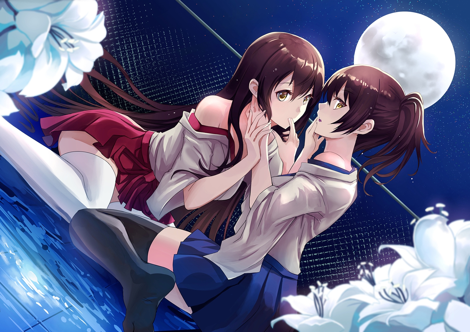 2girls, akagi_(kancolle), anthropomorphism, brown_hair, devildogs, flowers, kaga_(kancolle), kantai_collection, long_hair, moon, night, ponytail, shoujo_ai, skirt, stars, thighhighs, water, yellow_eyes, zettai_ryouiki