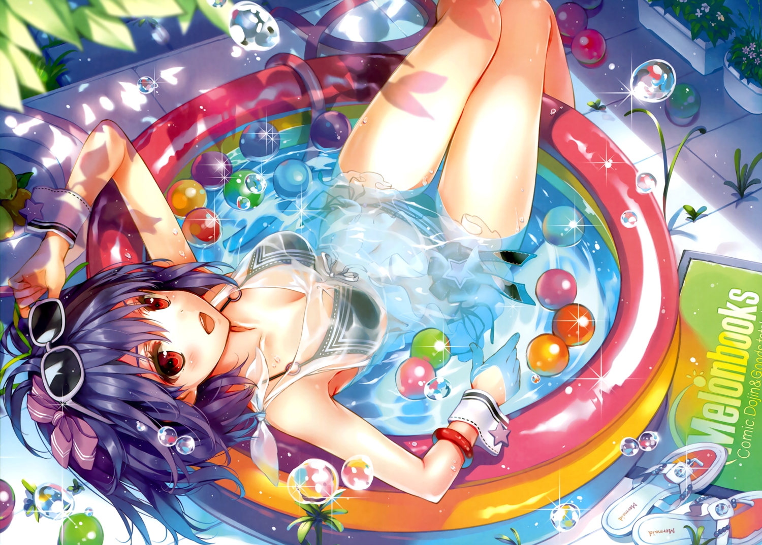 bikini, black_lemon-chan, blue_hair, bow, food, fruit, kuroya_shinobu, melonbooks, pool, red_eyes, scan, see_through, short_hair, sunglasses, swimsuit, water, wet, wristwear