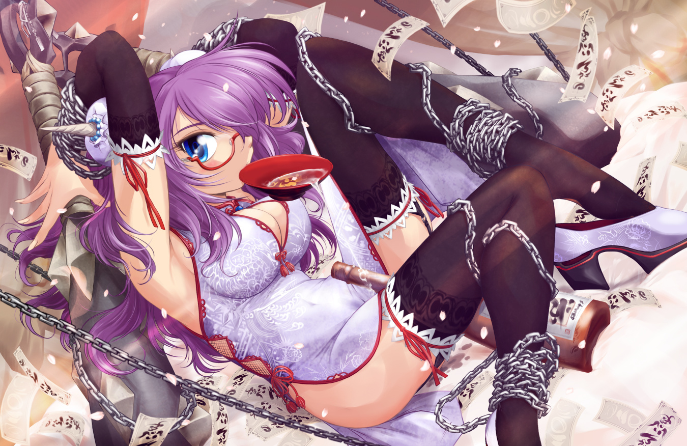 aqua_eyes, chain, chinese_clothes, drink, glasses, long_hair, ofuda, original, purple_hair, ranbu_hararin, sake, stockings, thighhighs, weapon