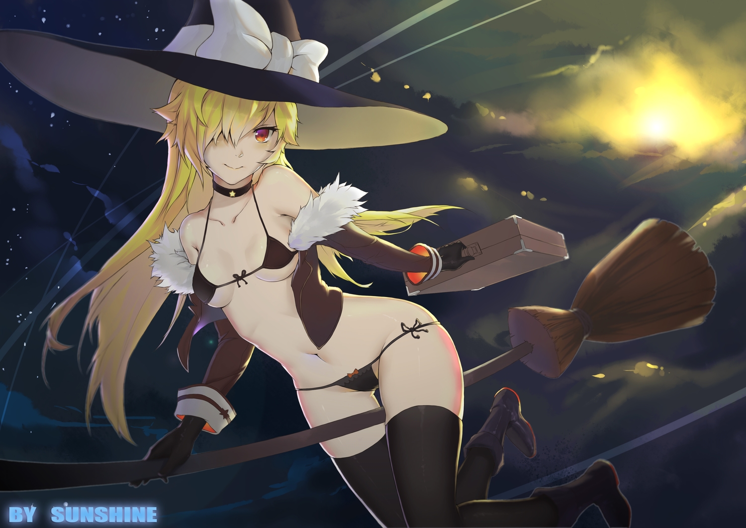 bikini, blonde_hair, boots, breasts, cameltoe, gloves, kirisame_marisa, long_hair, navel, orange_eyes, sunshine, swimsuit, thighhighs, touhou, underboob, watermark, witch