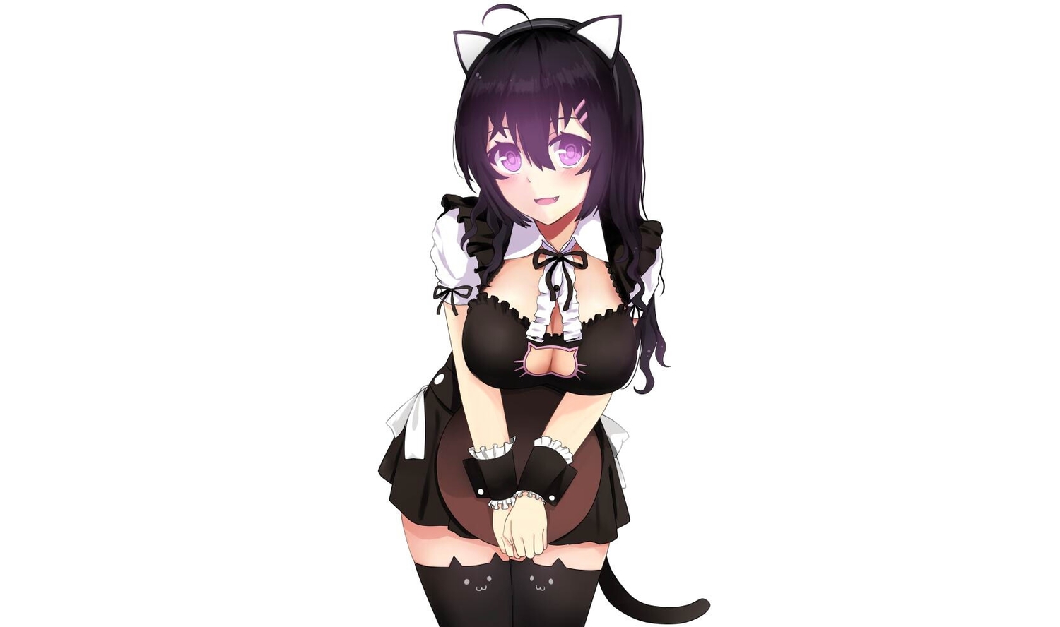 animal_ears, beifeng_han, breasts, catgirl, cleavage, jpeg_artifacts, miyaura_sanshio, original, purple_eyes, skirt, tail, thighhighs, white, zettai_ryouiki