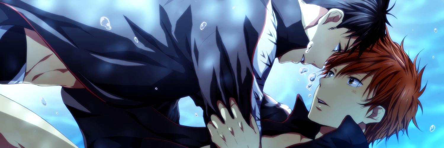 all_male, black_hair, close, dualscreen, free!, male, mikoshiba_momotarou, orange_hair, pool, shounen_ai, swimsuit, tagme_(artist), underwater, waifu2x, water, yamazaki_sousuke