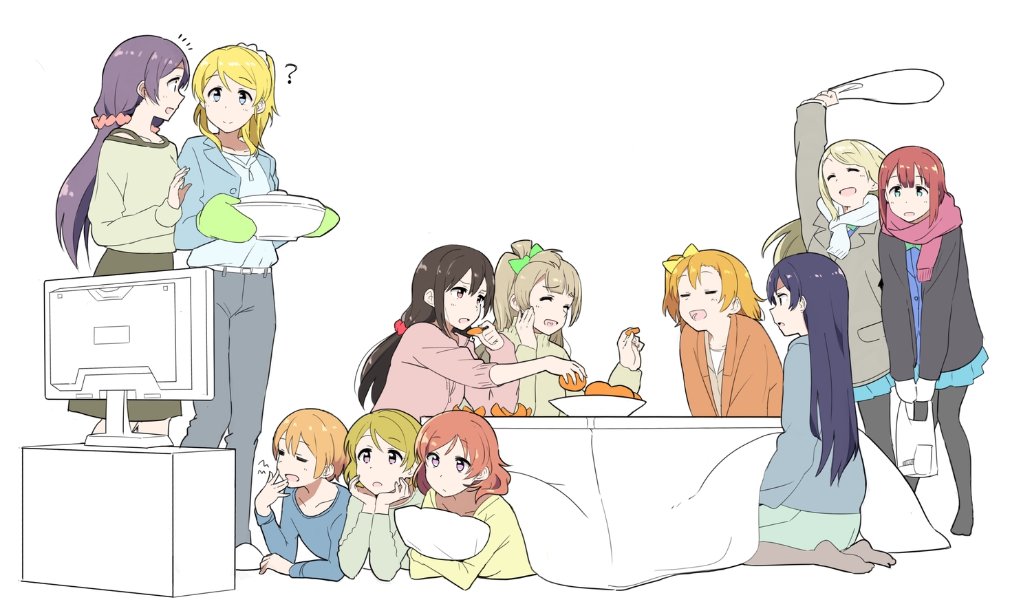 ayase_arisa, ayase_eri, food, fruit, group, hoshizora_rin, kasa_list, koizumi_hanayo
