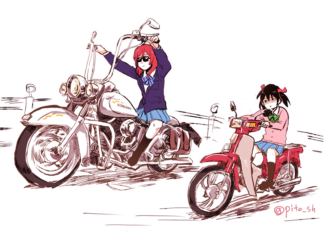2girls, love_live!_school_idol_project, motorcycle, nishikino_maki, pito_(sh02327), sketch, sunglasses, yazawa_nico