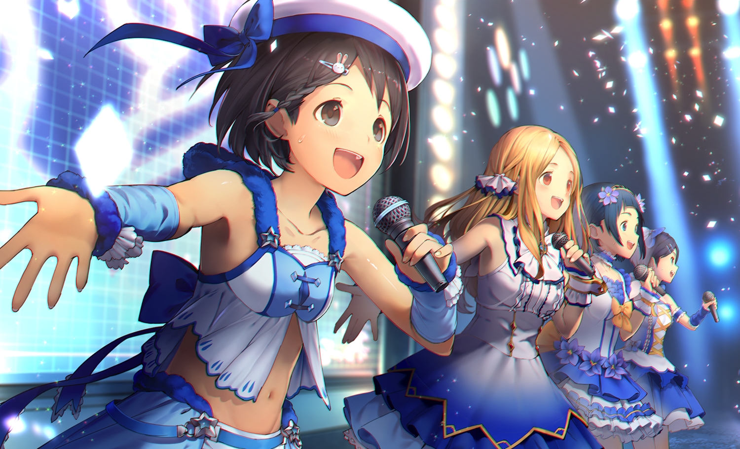 aqua_eyes, black_eyes, black_hair, blonde_hair, bow, dress, group, hat