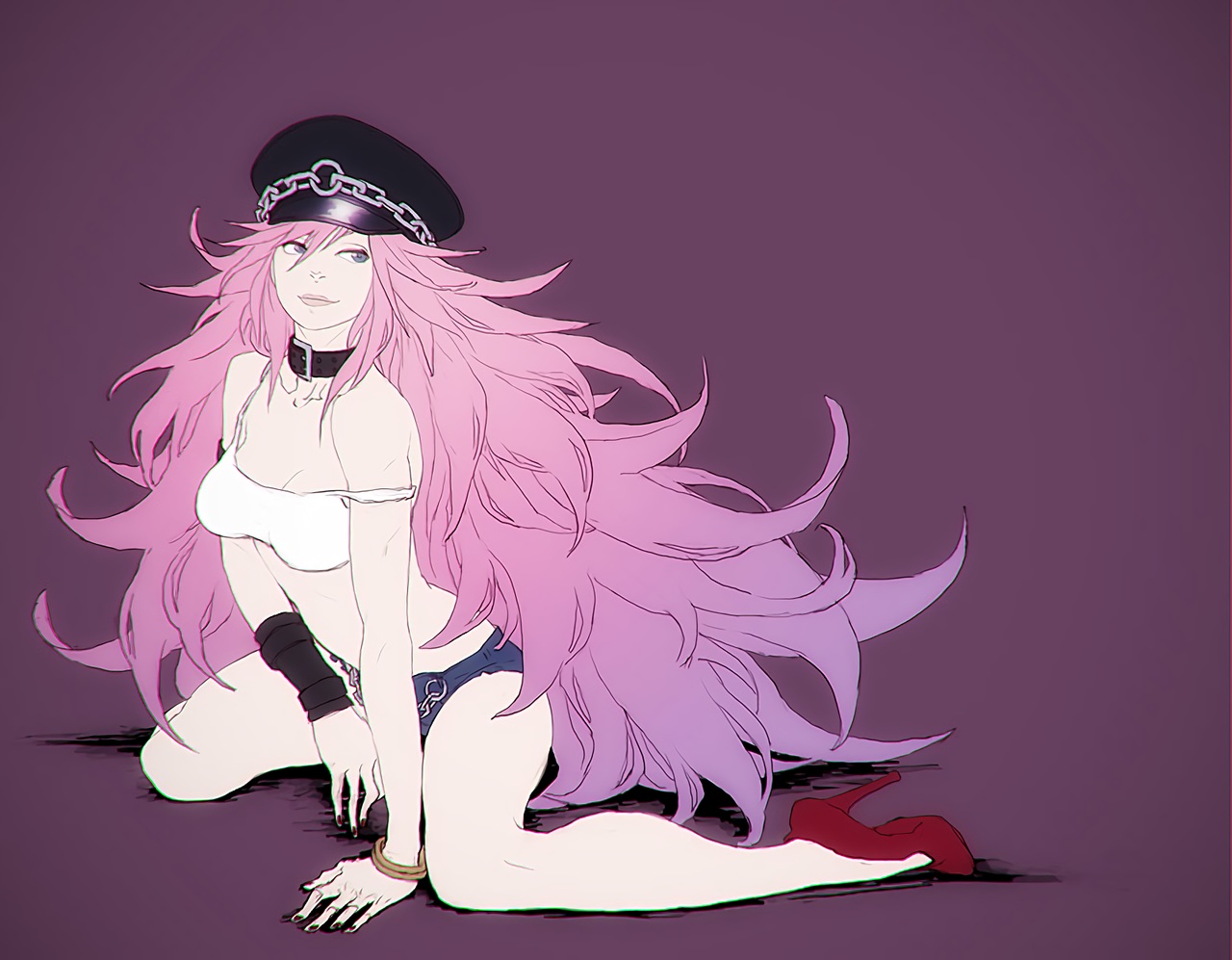 blue_eyes, breasts, chain, cleavage, collar, hat, long_hair, no_bra