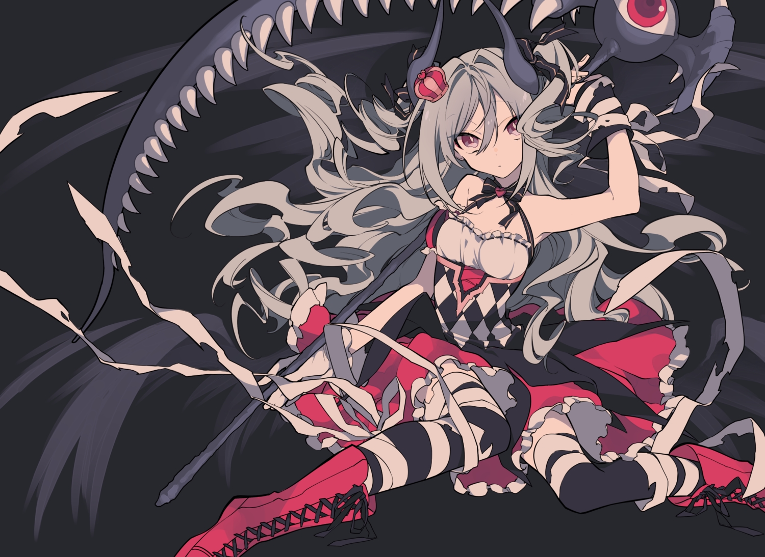 bandage, boots, horns, idolmaster, idolmaster_cinderella_girls, kanzaki_ranko, scythe, weapon, yamada_kei