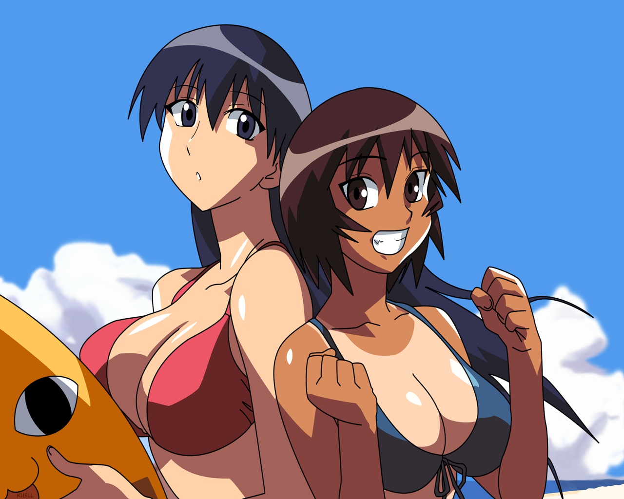azumanga_daioh, breasts, chiyo_father, cleavage, kagura, sakaki, tan_lines