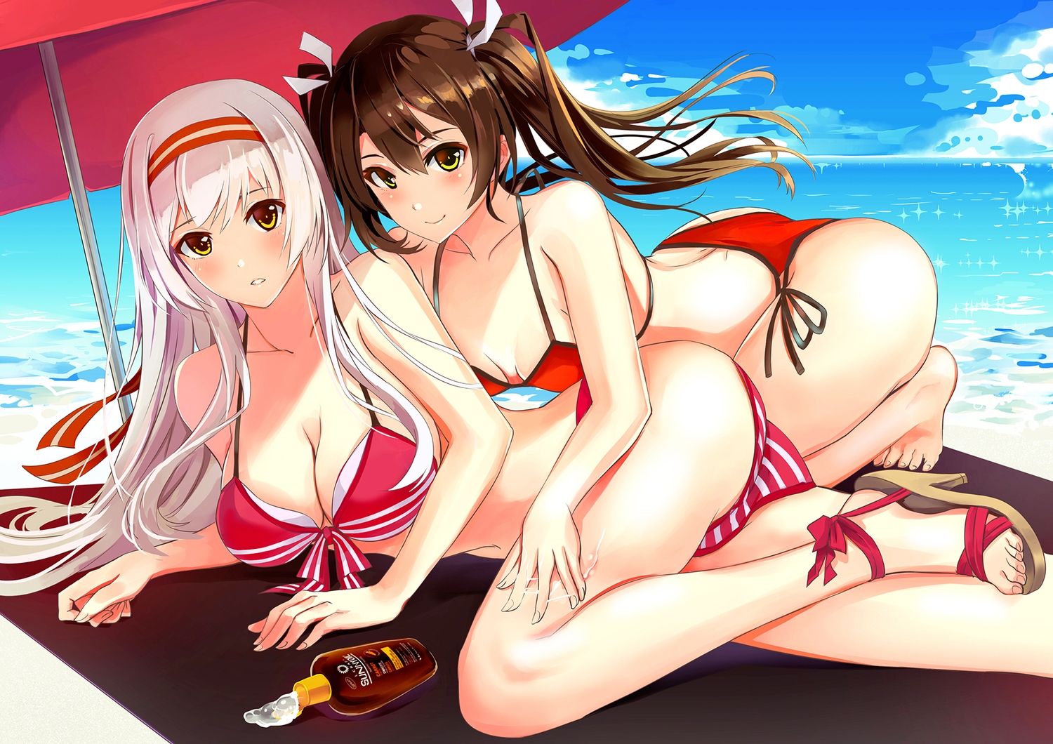 2girls, anthropomorphism, barefoot, beach, bikini, blush, breasts, brown_hair, cleavage, devildogs, headband, kantai_collection, long_hair, shoukaku_(kancolle), swimsuit, twintails, umbrella, white_hair, yellow_eyes, zuikaku_(kancolle)