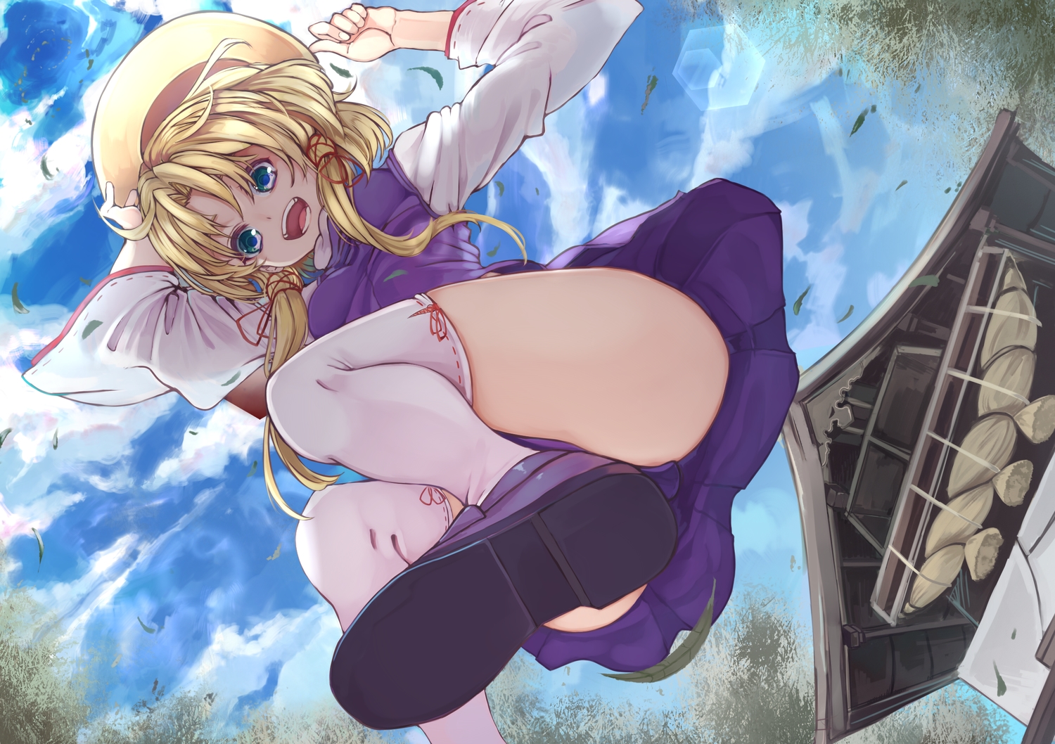 blonde_hair, clouds, dress, green_eyes, hat, moriya_suwako, raika_(rry_raika), ribbons, rope, shrine, sky, thighhighs, touhou, twintails