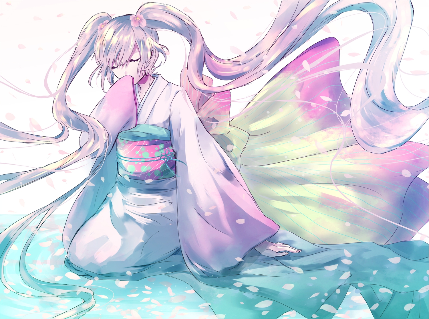 alicetype, bow, hatsune_miku, japanese_clothes, kimono, long_hair, petals, polychromatic