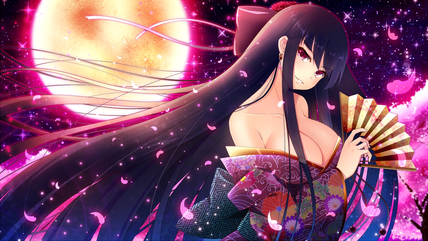 akine_(kuroyuri), black_hair, bow, breasts, cherry_blossoms, cleavage, fan, flowers, japanese_clothes, kimono, long_hair, moon, night, no_bra, original, petals, red_eyes, ribbons, stars, tree
