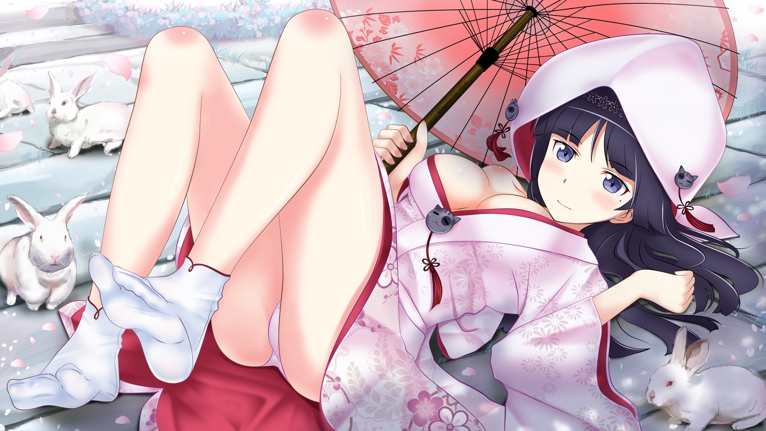 animal, ass, blush, breasts, edogawakid, gokou_ruri, japanese_clothes, kimono, no_bra, ore_no_imouto_ga_konna_ni_kawaii_wake_ga_nai, panties, purple_eyes, purple_hair, rabbit, socks, umbrella, underwear, wedding_attire