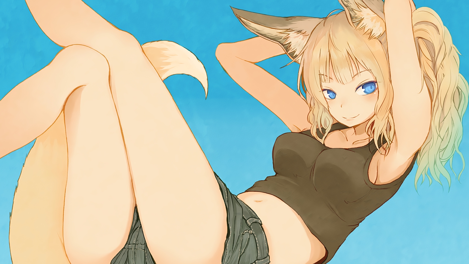 animal_ears, aqua_eyes, batta_(kanzume_quality), blonde_hair, breasts, foxgirl, original, shorts, sideboob, tail, waifu2x