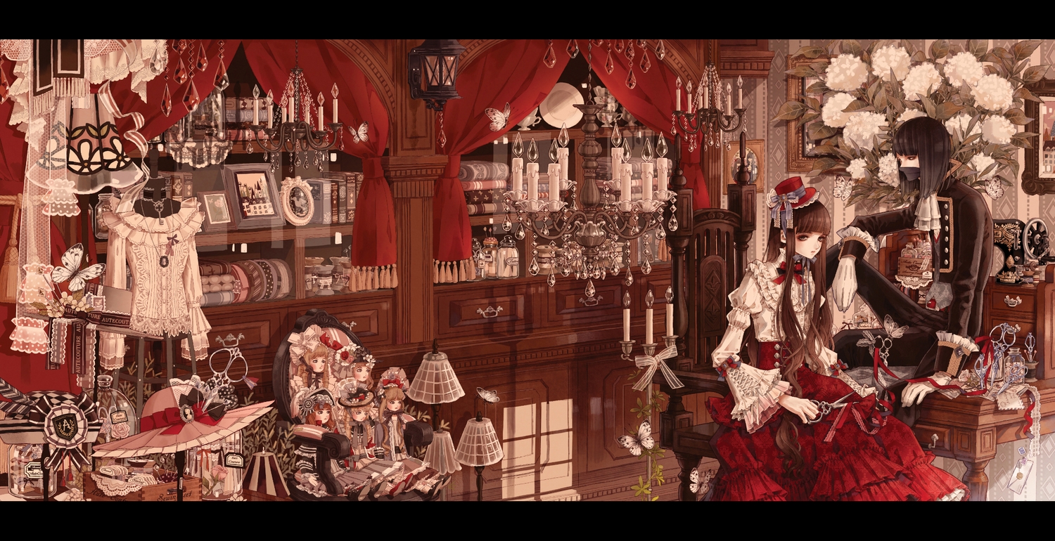 aliasing, black_hair, book, bow, brown_hair, butterfly, doll, dress, flowers, gloves, hamondo, hat, lolita_fashion, male, original, polychromatic, ribbons