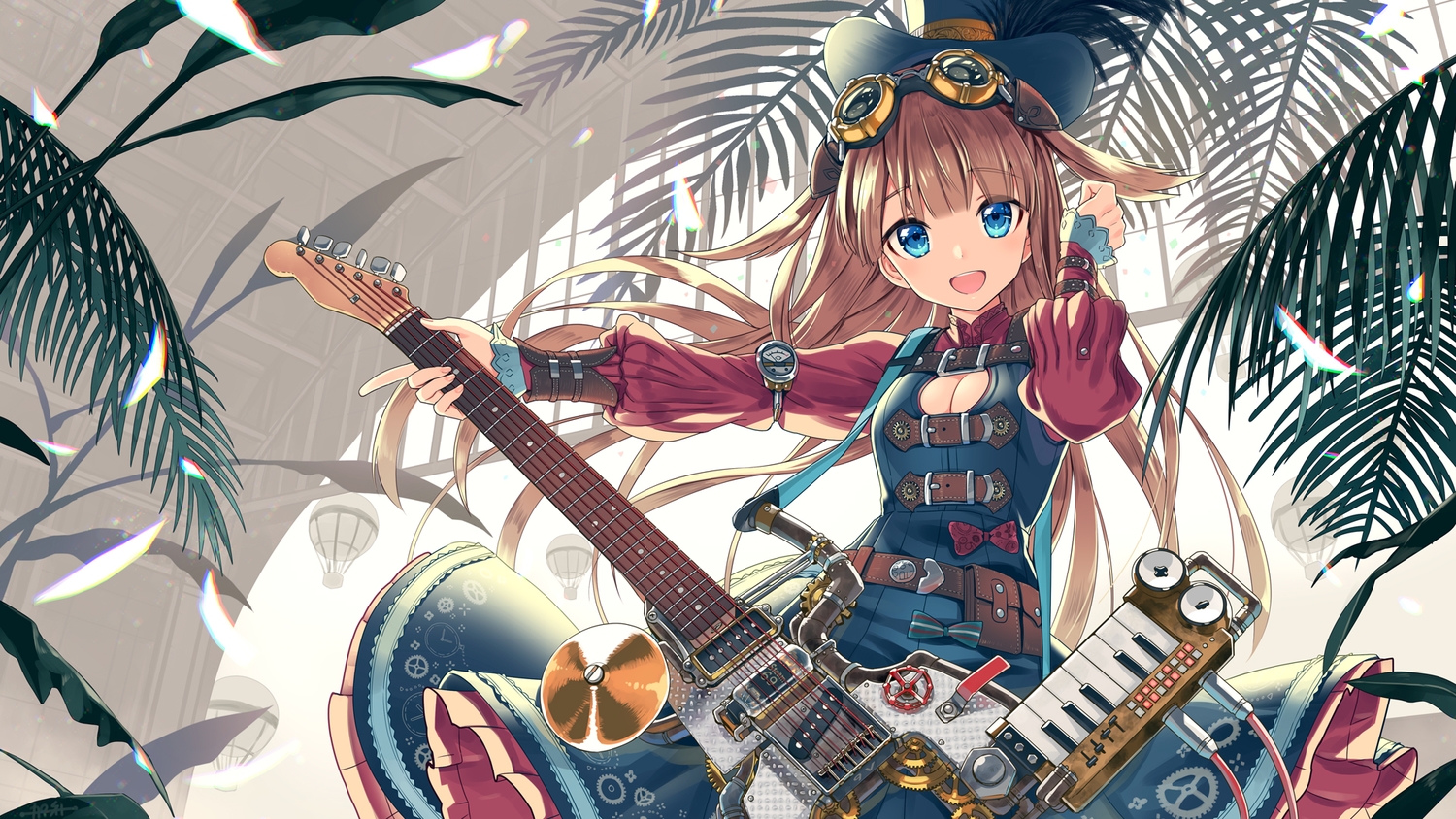 aqua_eyes, bow, breasts, brown_hair, cleavage, dress, goggles, guitar, hat, headdress, industrial, instrument, kurobuta_gekkan, leaves, long_hair, original, wristwear