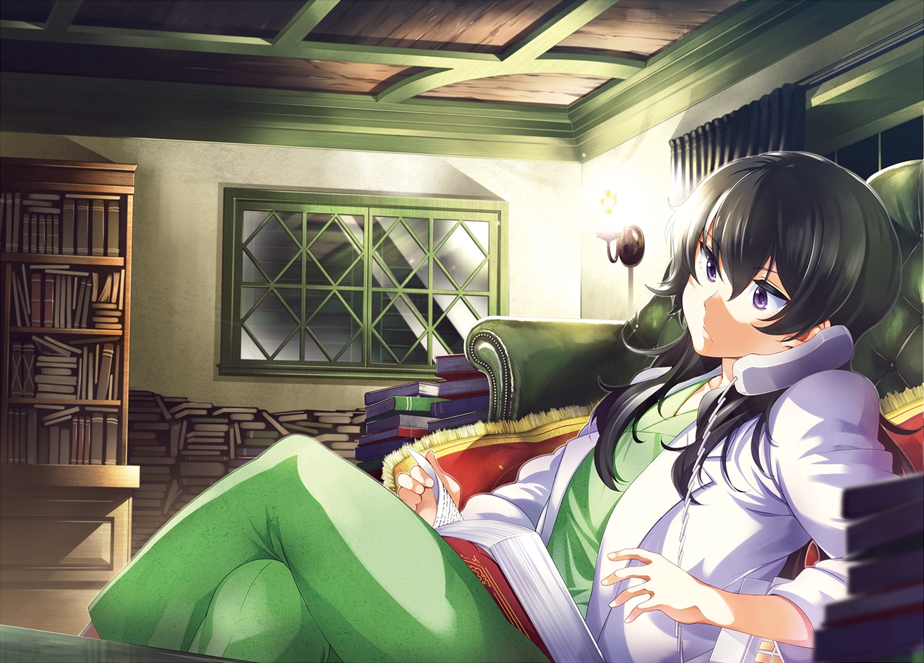 ameku_takao, ameku_takao_no_suiri_karte, black_hair, book, couch, green, long_hair, ohara_hiroki, phone, purple_eyes
