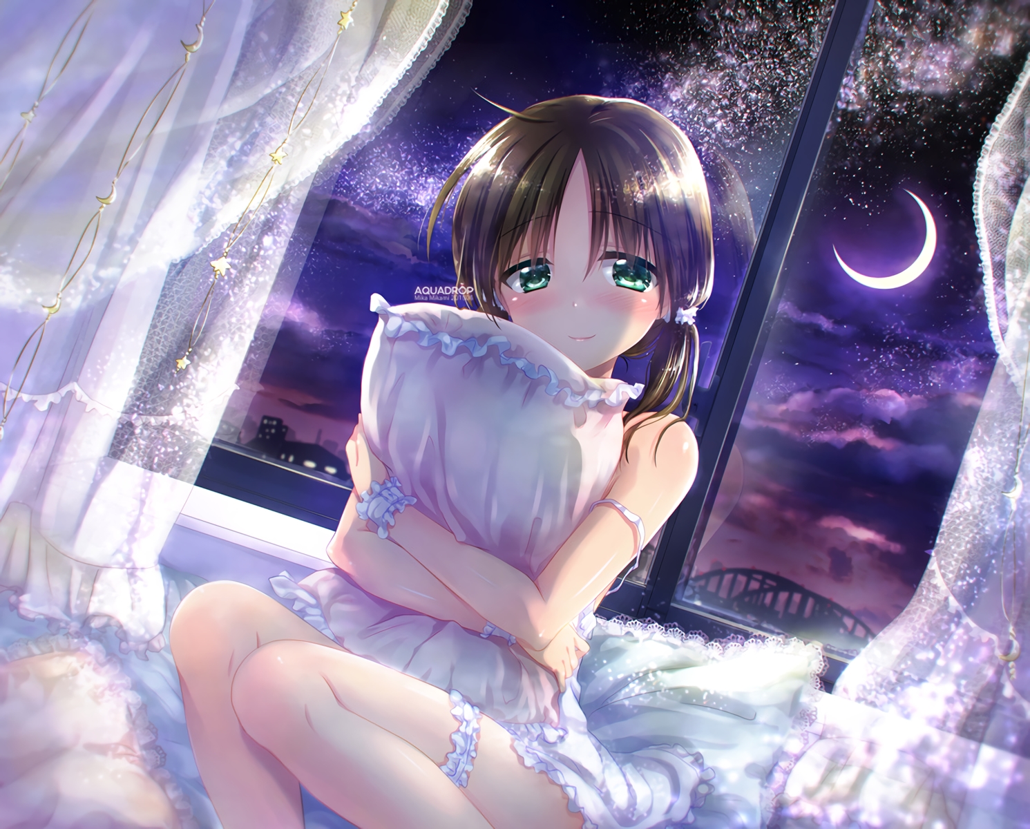 bed, blush, brown_hair, garter, green_eyes, mikami_mika, moon, night, original, stars, waifu2x